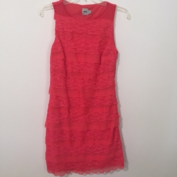 ASOS Lace Overlay Lined Dress Size 4 Pink Salmon - Picture 1 of 7